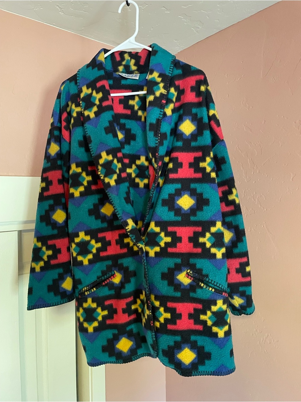 Vintage Women's Patterned Retro Fleece Cardigan - Teal Multi